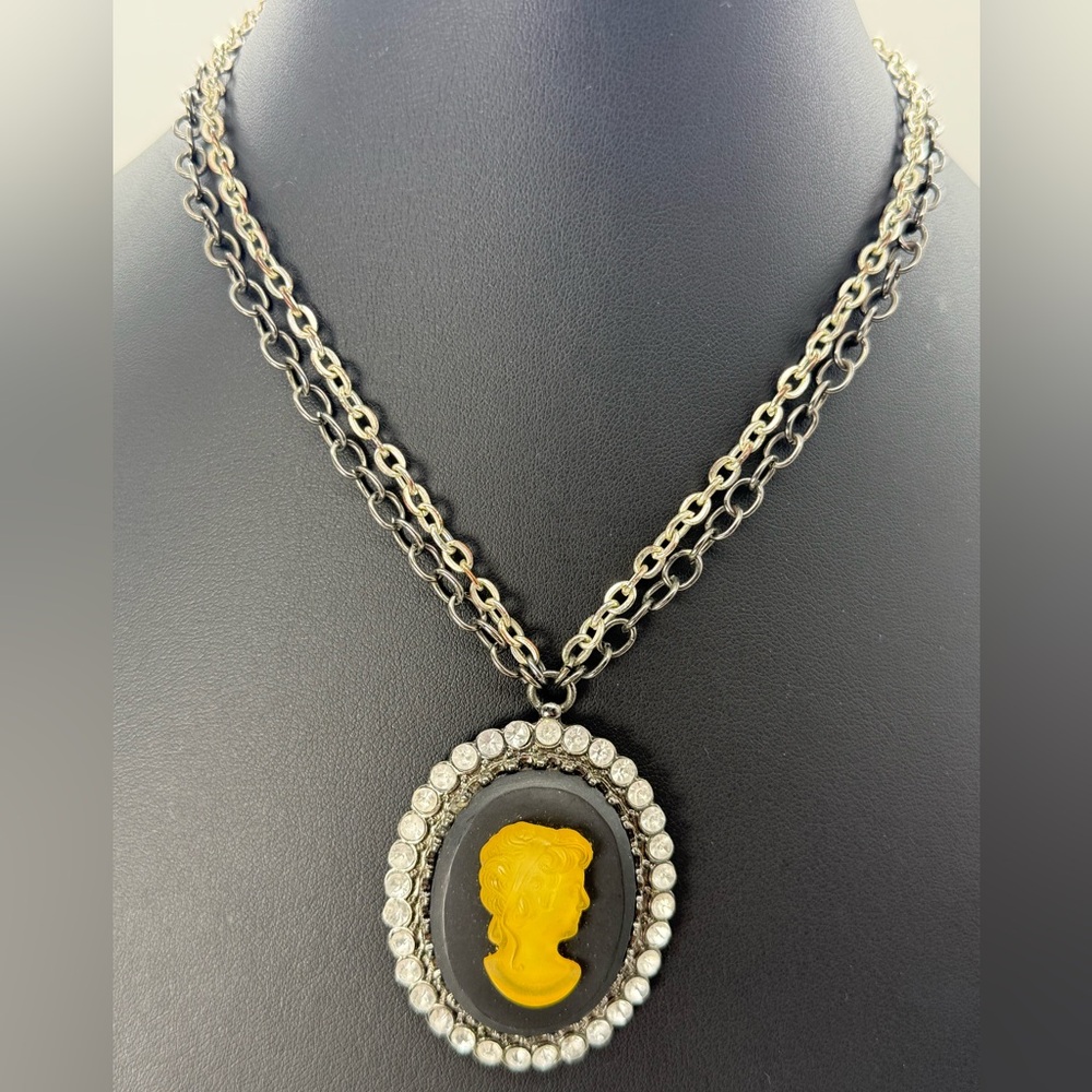 90s Romantic Gothic Style Amber Black Cameo Double Gun Metal Chain Necklace Gift